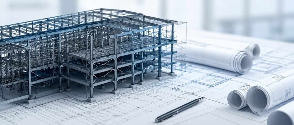 Steel Detailing Services showing structural steel drawings, BIM models, and steel fabrication planning for construction projects.