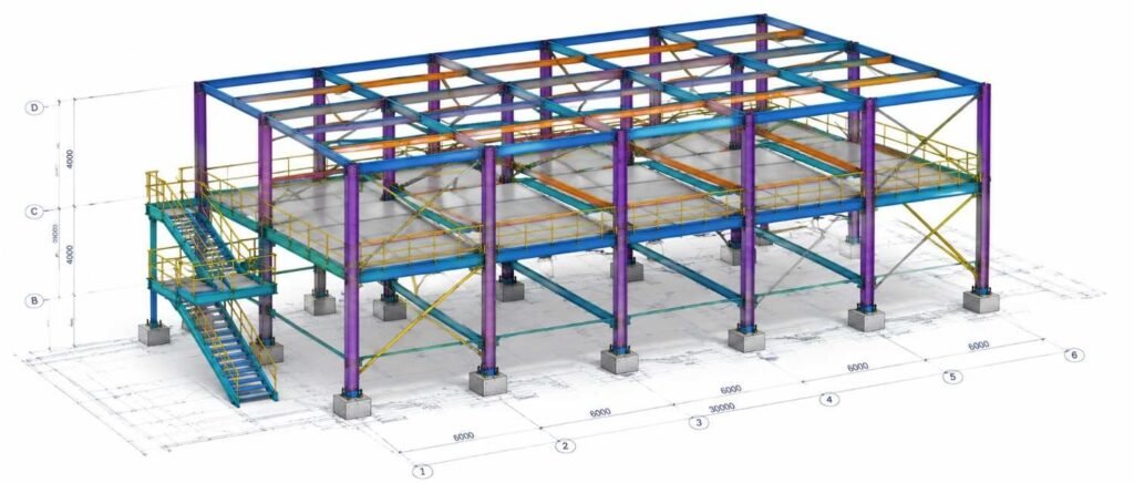 BIM Steel Detailing 3D model showing structural steel beams, columns, connections, and fabrication details for accurate construction planning.