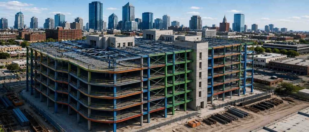 Structural Steel Fabrication in the USA showing steel detailing, shop drawings, fabrication, and structural steel construction process.